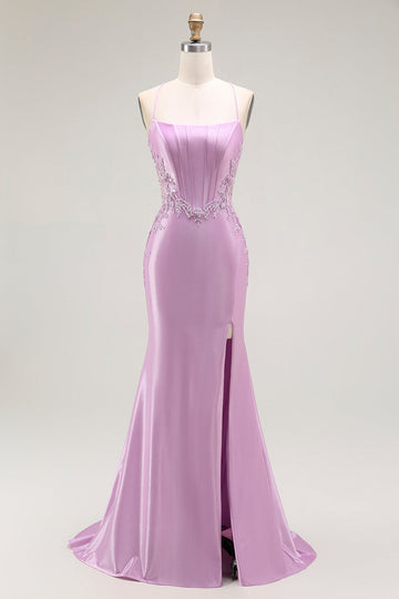 Sparkly Purple Mermaid Spaghetti Straps Corset Long Formal Dress with Slit